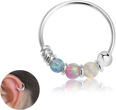 925 Sterling Silver VERY SMALL 10MM White & Purple Opal Hoop Earring - SINGLE Hoop for ONE ear - for Helix, Cartilage, 2nd Ear Piercing | Handmade by MiYa Jewelry Creations in Saudi Arabia