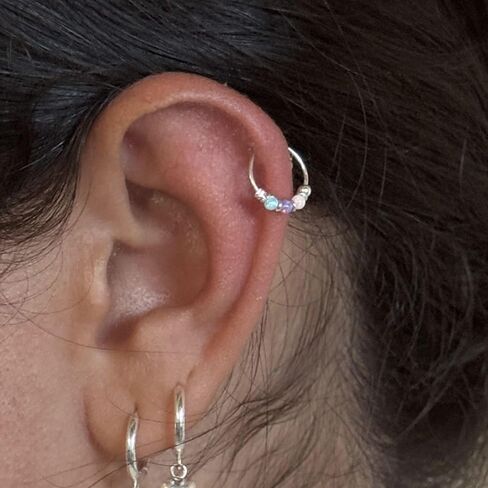 925 Sterling Silver VERY SMALL 10MM White & Purple Opal Hoop Earring - SINGLE Hoop for ONE ear - for Helix, Cartilage, 2nd Ear Piercing | Handmade by MiYa Jewelry Creations in Saudi Arabia