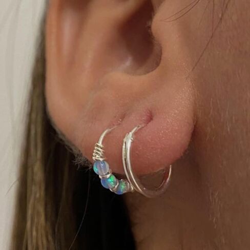 925 Sterling Silver VERY SMALL 10MM White & Purple Opal Hoop Earring - SINGLE Hoop for ONE ear - for Helix, Cartilage, 2nd Ear Piercing | Handmade by MiYa Jewelry Creations in Saudi Arabia