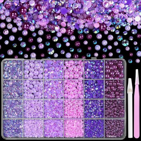 9000 Pcs Pearls and Jelly Resin Rhinestones for Crafting Mix Size 3/4/5/6/8mm Purple Half Pearl and Jelly Rhinestones Bedazzling Gems for DIY Crafts in Saudi Arabia