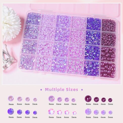 9000 Pcs Pearls and Jelly Resin Rhinestones for Crafting Mix Size 3/4/5/6/8mm Purple Half Pearl and Jelly Rhinestones Bedazzling Gems for DIY Crafts in Saudi Arabia