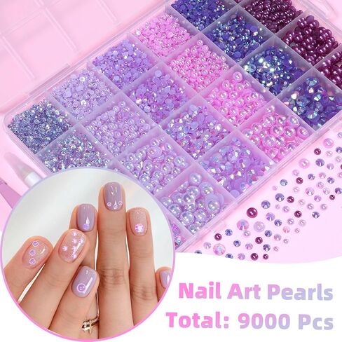 9000 Pcs Pearls and Jelly Resin Rhinestones for Crafting Mix Size 3/4/5/6/8mm Purple Half Pearl and Jelly Rhinestones Bedazzling Gems for DIY Crafts in Saudi Arabia
