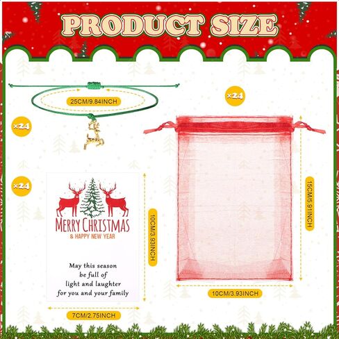 24 Set Christmas Bracelets with Wish Card Organza Bags Xmas Adjustable Multicolor Braided Bracelet Wax Rope Bracelets with Santa Snowflake Xmas Tree for Women Men in Saudi Arabia