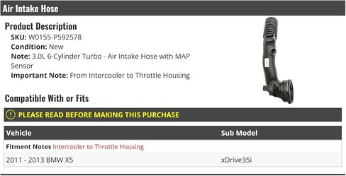 Air Intake Hose with Sensor - Compatible with 2011-2013 BMW X5 xDrive35i in Saudi Arabia