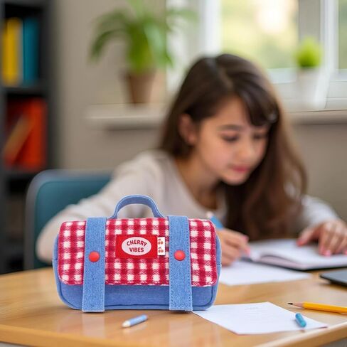 Checkered Big Capacity Pencil Case Large Pen Pouch with Zipper, Cute Portable Stationery Storage Bag Organizer with Carrying Handle for Adult Students Officers Women, Red in Saudi Arabia