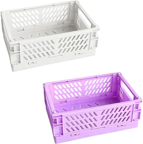 2-Piece Mini Foldable Storage Bins, Stackable Plastic Desk Organizer Crates, Small Storage Baskets for Home Office Organization in Saudi Arabia