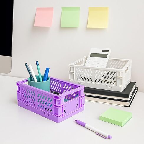 2-Piece Mini Foldable Storage Bins, Stackable Plastic Desk Organizer Crates, Small Storage Baskets for Home Office Organization in Saudi Arabia