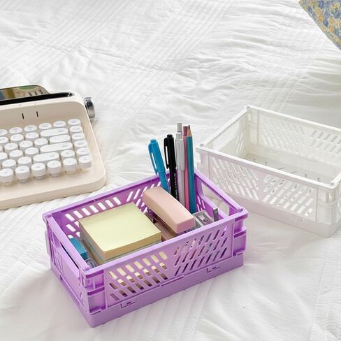 2-Piece Mini Foldable Storage Bins, Stackable Plastic Desk Organizer Crates, Small Storage Baskets for Home Office Organization in Saudi Arabia