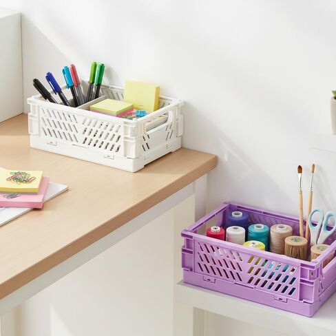 2-Piece Mini Foldable Storage Bins, Stackable Plastic Desk Organizer Crates, Small Storage Baskets for Home Office Organization in Saudi Arabia