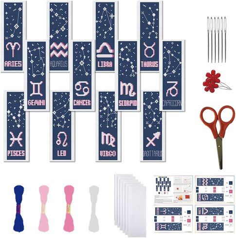 FREEBLOSS 12 Set Cross Stitch Bookmark Kit for Beginner Twelve Zodiac Sign Cross Stitch Bookmarks DIY Stamped Embroidery Bookmark Kit Embroidery Projects for Book Lovers in Saudi Arabia