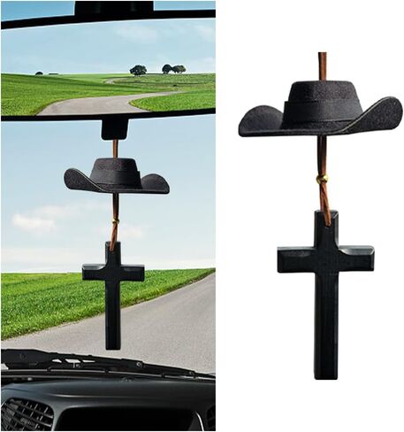 Cowboy Hat Car Charm, Cute Mini Vehicle Rear View Mirror Hanging Pendant with Cross, Western Country Automotive Interior Decorative Accessories, Universal for SUV RV Truck (Coffee) in Saudi Arabia