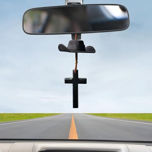Cowboy Hat Car Charm, Cute Mini Vehicle Rear View Mirror Hanging Pendant with Cross, Western Country Automotive Interior Decorative Accessories, Universal for SUV RV Truck (Coffee) in Saudi Arabia
