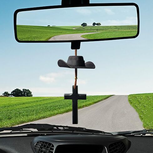 Cowboy Hat Car Charm, Cute Mini Vehicle Rear View Mirror Hanging Pendant with Cross, Western Country Automotive Interior Decorative Accessories, Universal for SUV RV Truck (Coffee) in Saudi Arabia