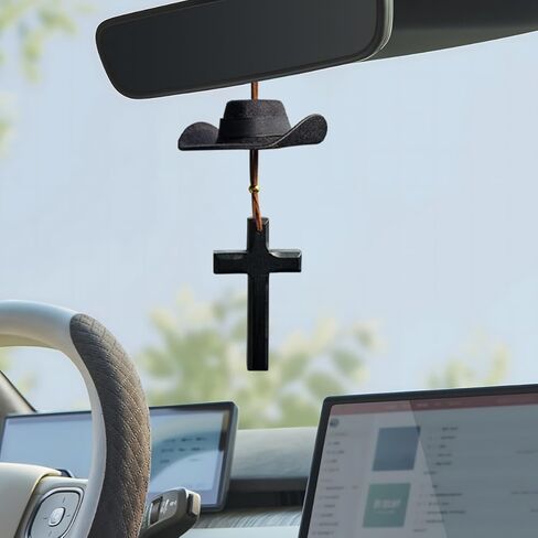 Cowboy Hat Car Charm, Cute Mini Vehicle Rear View Mirror Hanging Pendant with Cross, Western Country Automotive Interior Decorative Accessories, Universal for SUV RV Truck (Coffee) in Saudi Arabia