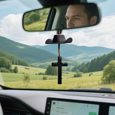 Cowboy Hat Car Charm, Cute Mini Vehicle Rear View Mirror Hanging Pendant with Cross, Western Country Automotive Interior Decorative Accessories, Universal for SUV RV Truck (Coffee) in Saudi Arabia