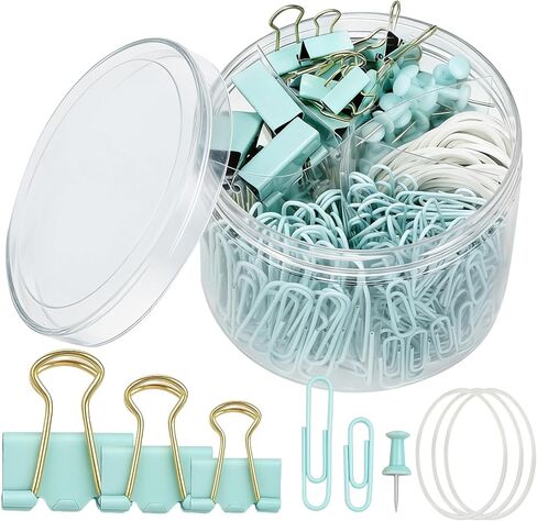 350 Pcs Paper Clips Binder Clip Assorted Sizes, Macaron Green Paper Clamps Office Clips Set Paperclips Rubber Bands Push Pins for Office and School Supplies in Saudi Arabia