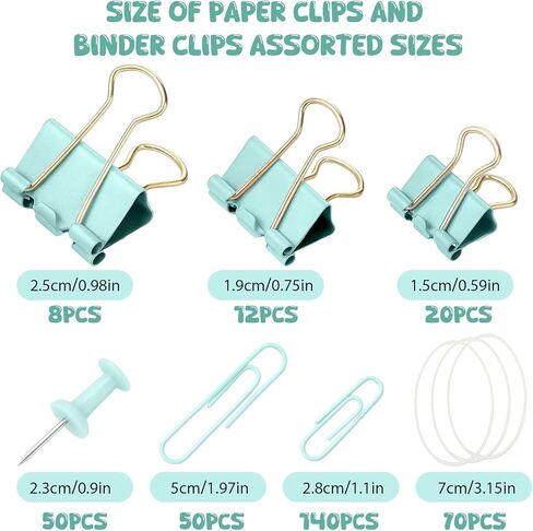 350 Pcs Paper Clips Binder Clip Assorted Sizes, Macaron Green Paper Clamps Office Clips Set Paperclips Rubber Bands Push Pins for Office and School Supplies in Saudi Arabia