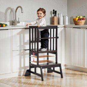 COSYLAND Toddler Standing Tower - Adjustable Height Toddler Kitchen Stool Helper - Kids Kitchen Step Stool for Learning with Removable Safety Railing Natural in Kuwait