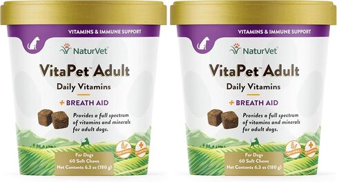 NaturVet VitaPet Adult Daily Vitamins Plus Breath Aid for Adult Dogs, 60 ct Soft Chews, Made in The USA with Globally Source Ingredients in Saudi Arabia