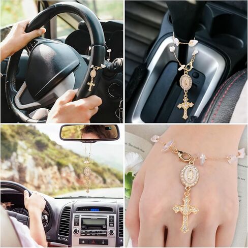 Steering Wheel Rosary Charm Accessory, Catholic Hanging Rosary Cross for Car, Virgin Mary Crucifix Pendant Charm Gifts for Women Men Christians Car Decor Accessories (White) in Saudi Arabia