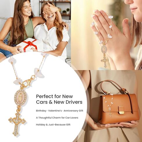 Steering Wheel Rosary Charm Accessory, Catholic Hanging Rosary Cross for Car, Virgin Mary Crucifix Pendant Charm Gifts for Women Men Christians Car Decor Accessories (White) in Saudi Arabia