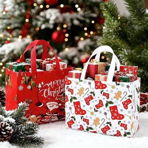 sanchlor 24 Pack Christmas Gift Bags, 12.6"x9.8"x6.7" Large Non-Woven Tote Bags with Handles for Wrapping Xmas Party Favors in Saudi Arabia