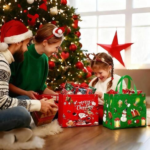 sanchlor 24 Pack Christmas Gift Bags, 12.6"x9.8"x6.7" Large Non-Woven Tote Bags with Handles for Wrapping Xmas Party Favors in Saudi Arabia
