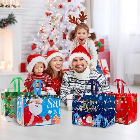 sanchlor 24 Pack Christmas Gift Bags, 12.6"x9.8"x6.7" Large Non-Woven Tote Bags with Handles for Wrapping Xmas Party Favors in Saudi Arabia