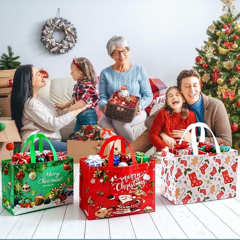 sanchlor 24 Pack Christmas Gift Bags, 12.6"x9.8"x6.7" Large Non-Woven Tote Bags with Handles for Wrapping Xmas Party Favors in Saudi Arabia