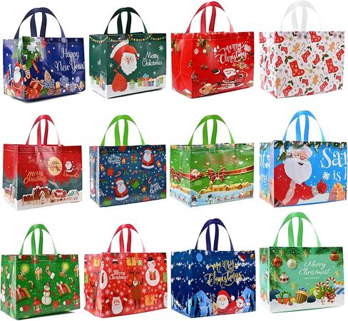 sanchlor 24 Pack Christmas Gift Bags, 12.6"x9.8"x6.7" Large Non-Woven Tote Bags with Handles for Wrapping Xmas Party Favors in Saudi Arabia