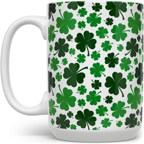 St Patrick's Day Shamrock Coffee Mug, Green Four Leaf Clover Tea Cup, Gift for Her Mom Friend (15oz) in Kuwait