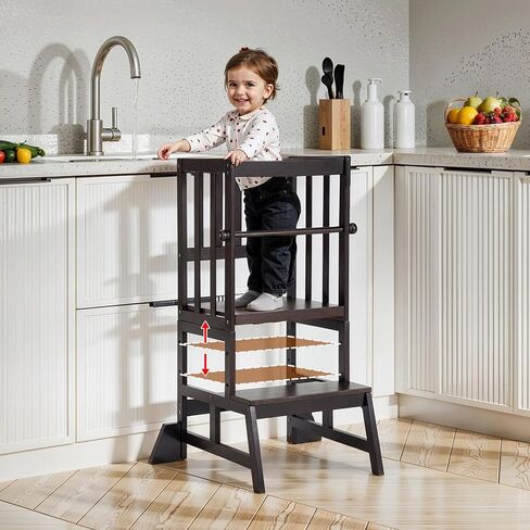 COSYLAND Toddler Standing Tower - Adjustable Height Toddler Kitchen Stool Helper - Kids Kitchen Step Stool for Learning with Removable Safety Railing Natural in Kuwait