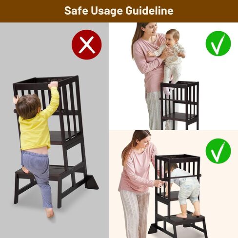 COSYLAND Toddler Standing Tower - Adjustable Height Toddler Kitchen Stool Helper - Kids Kitchen Step Stool for Learning with Removable Safety Railing Natural in Kuwait