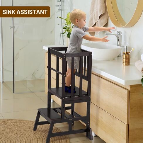 COSYLAND Toddler Standing Tower - Adjustable Height Toddler Kitchen Stool Helper - Kids Kitchen Step Stool for Learning with Removable Safety Railing Natural in Kuwait