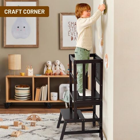 COSYLAND Toddler Standing Tower - Adjustable Height Toddler Kitchen Stool Helper - Kids Kitchen Step Stool for Learning with Removable Safety Railing Natural in Kuwait