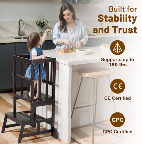 COSYLAND Toddler Standing Tower - Adjustable Height Toddler Kitchen Stool Helper - Kids Kitchen Step Stool for Learning with Removable Safety Railing Natural in Kuwait