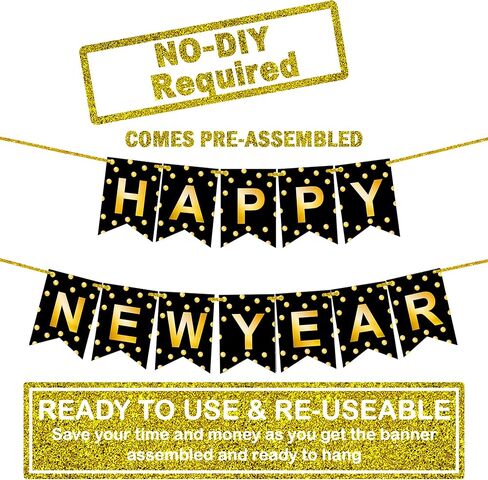 KatchOn, Happy New Year Banner - 10 Feet, Pre-Strung | Happy New Year Sign for Black and Gold New Years Decorations 2026 | NYE Banner, New Years Eve Party Supplies 2026 | NYE Decorations 2026 in Saudi Arabia