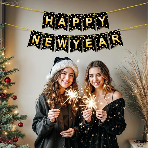 KatchOn, Happy New Year Banner - 10 Feet, Pre-Strung | Happy New Year Sign for Black and Gold New Years Decorations 2026 | NYE Banner, New Years Eve Party Supplies 2026 | NYE Decorations 2026 in Saudi Arabia