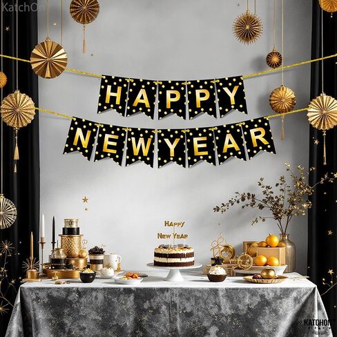 KatchOn, Happy New Year Banner - 10 Feet, Pre-Strung | Happy New Year Sign for Black and Gold New Years Decorations 2026 | NYE Banner, New Years Eve Party Supplies 2026 | NYE Decorations 2026 in Saudi Arabia
