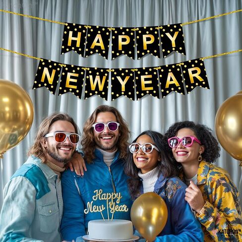 KatchOn, Happy New Year Banner - 10 Feet, Pre-Strung | Happy New Year Sign for Black and Gold New Years Decorations 2026 | NYE Banner, New Years Eve Party Supplies 2026 | NYE Decorations 2026 in Saudi Arabia