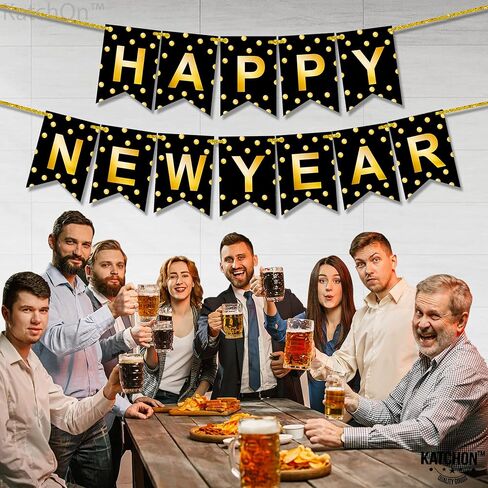 KatchOn, Happy New Year Banner - 10 Feet, Pre-Strung | Happy New Year Sign for Black and Gold New Years Decorations 2026 | NYE Banner, New Years Eve Party Supplies 2026 | NYE Decorations 2026 in Saudi Arabia