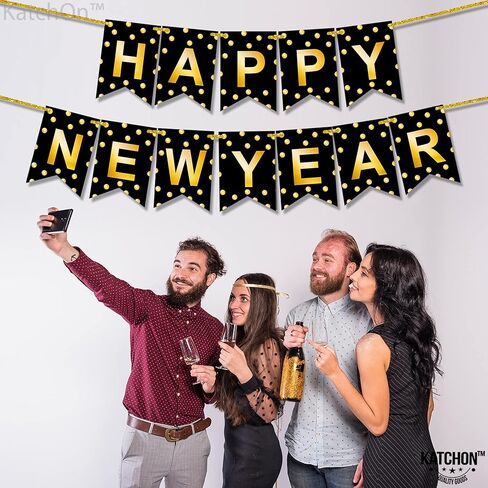 KatchOn, Happy New Year Banner - 10 Feet, Pre-Strung | Happy New Year Sign for Black and Gold New Years Decorations 2026 | NYE Banner, New Years Eve Party Supplies 2026 | NYE Decorations 2026 in Saudi Arabia