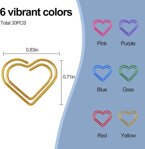 30 Pcs Heart Paper Clips Colorful Bookmarks Clips Cute Mini Papers Clamp for Document Note Decoration Organizing, Office and Personal Use (Colorful) in Saudi Arabia