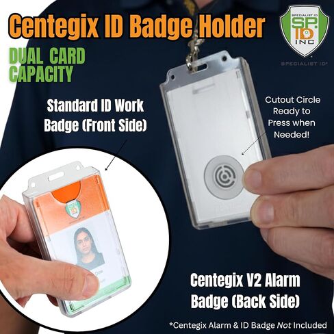 حامل شارة Centegix مع فتحة للمعلمين - يحمل بطاقة هوية مدرسية واحدة وشارة إنذار Centegix V2 CrisisAlert - شاشة عمودية شفافة من البولي كربونات شديدة التحمل، فتحة غائرة بواسطة معرف متخصص in Saudi Arabia