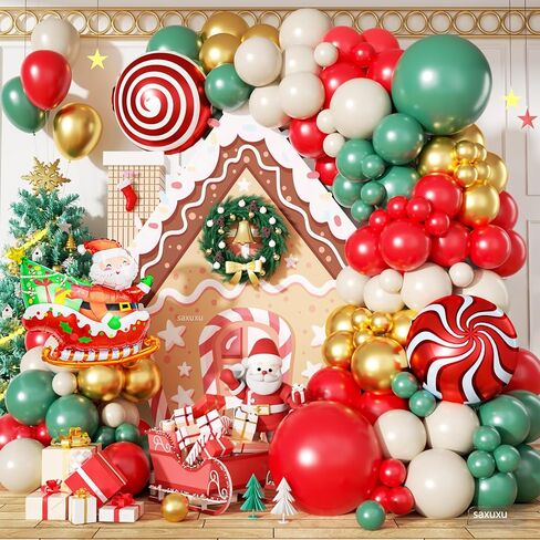 Christmas Balloon Arch Kit, Red Green Nude Metallic Gold Balloons with Santa Candy Lollipop Foil Balloons for Christmas Party Decorations Xmas Eve New Year Holiday Party Supplies in Saudi Arabia