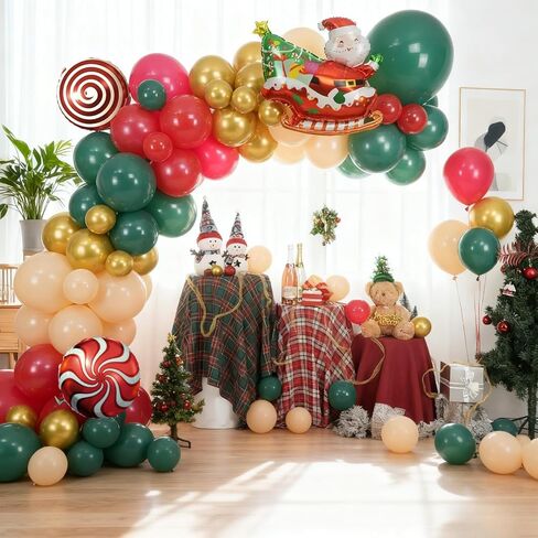 Christmas Balloon Arch Kit, Red Green Nude Metallic Gold Balloons with Santa Candy Lollipop Foil Balloons for Christmas Party Decorations Xmas Eve New Year Holiday Party Supplies in Saudi Arabia