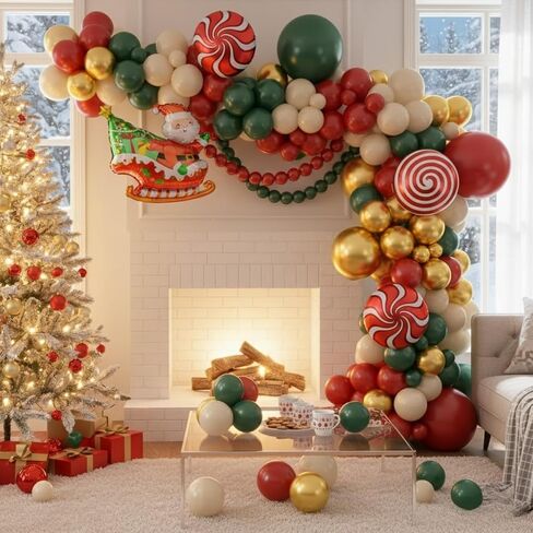 Christmas Balloon Arch Kit, Red Green Nude Metallic Gold Balloons with Santa Candy Lollipop Foil Balloons for Christmas Party Decorations Xmas Eve New Year Holiday Party Supplies in Saudi Arabia