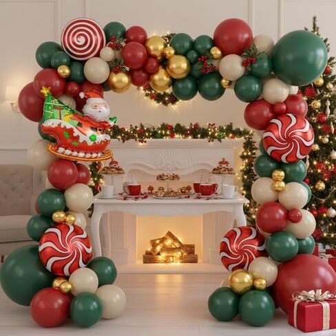 Christmas Balloon Arch Kit, Red Green Nude Metallic Gold Balloons with Santa Candy Lollipop Foil Balloons for Christmas Party Decorations Xmas Eve New Year Holiday Party Supplies in Saudi Arabia