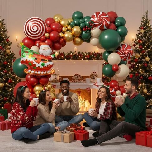 Christmas Balloon Arch Kit, Red Green Nude Metallic Gold Balloons with Santa Candy Lollipop Foil Balloons for Christmas Party Decorations Xmas Eve New Year Holiday Party Supplies in Saudi Arabia