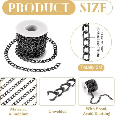 Sparkeads 16.4 Feet Metal Black Craft Chain Curb Link Chains Aluminium Curb Chain Roll Oxidation Cuban Link Chains Thick Twisted Links Spool for Bracelet Jewelry Making Necklace DIY Findings Supplies in Saudi Arabia